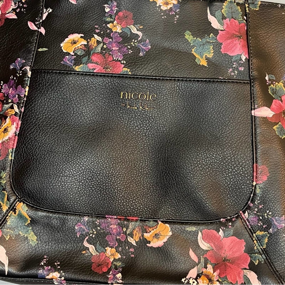 Nicole by Nicole Miller black flower satchel tote bag faux leather gold accents - Picture 6 of 8